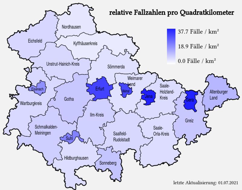 relative Fallzahlen pro Quadratkilometer